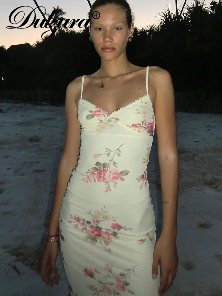 Y2K Floral Print Backless Bodycon Maxi Dress – Sleeveless Clubwear by Dulzura