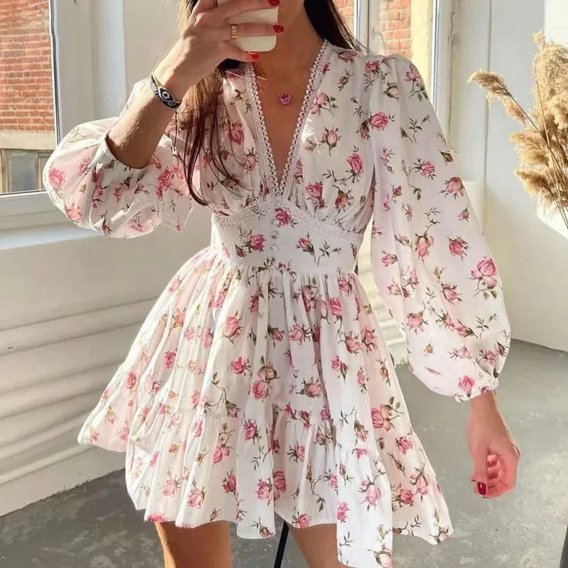 Floral Print V-Neck Mini Dress – Long Sleeve, High Waist A-Line | MODIVA