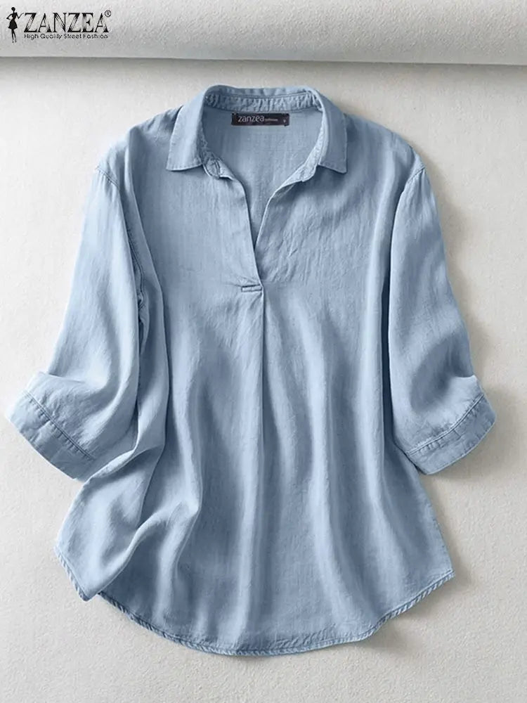 ZANZEA Women’s 3/4 Sleeve Denim Blouse – Casual Summer Button Shirt