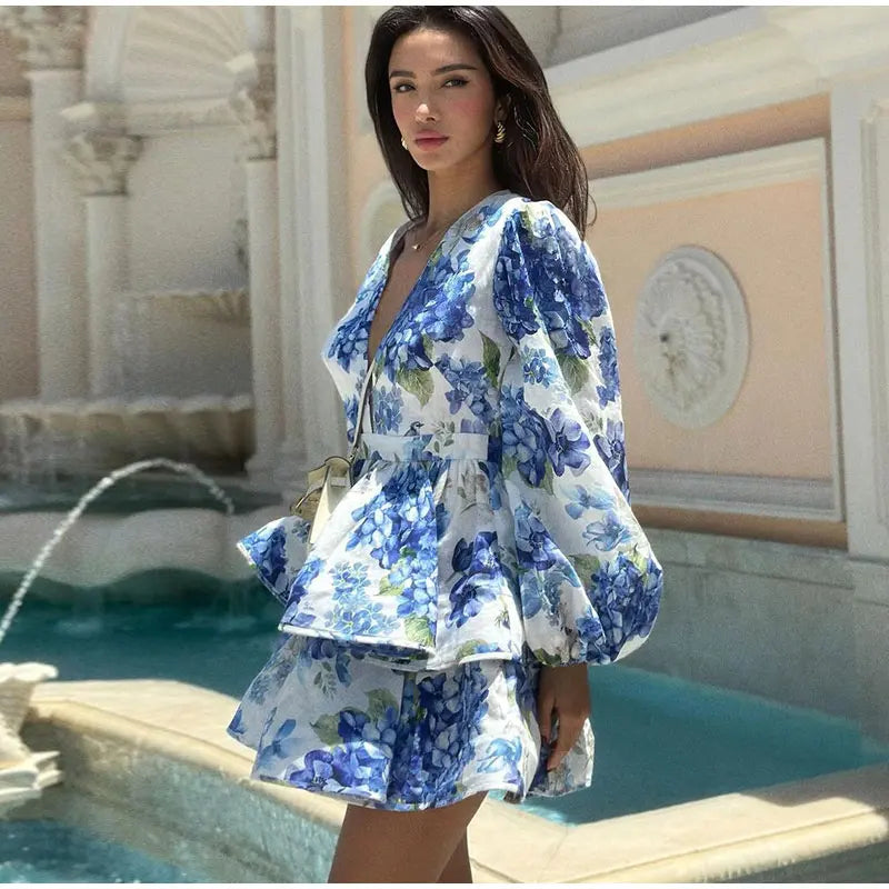 Elegant Floral Backless Party Mini Dress – Lace-Up Ruffle A-line Sling Dress for Women