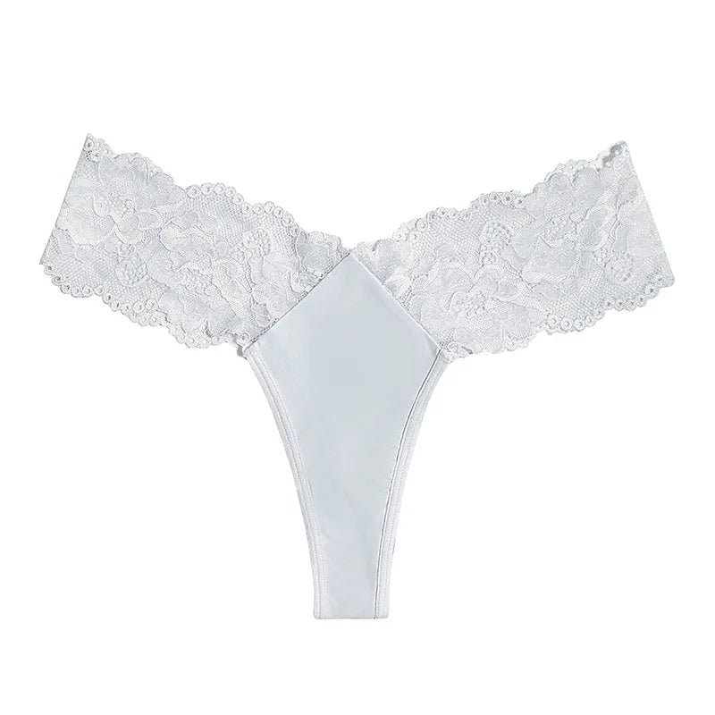 Sheer Lace Mid-Rise Women's Thong Panties - Nylon Knit Underwear, Lingerie Intimates for Ladies | Comfortable Hollow Design