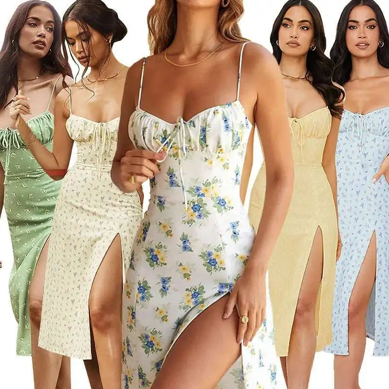 Women Elegant Floral Beach Vacation Dress Vintage Bodycon Streetwear Long Sling Vent Dress