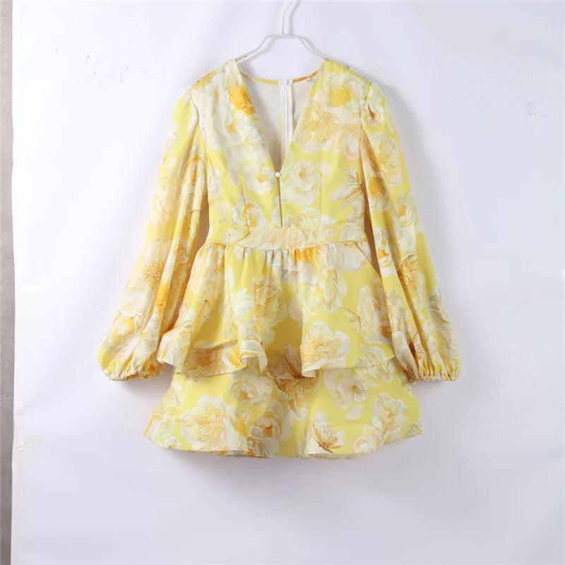 Elegant Floral Backless Party Mini Dress – Lace-Up Ruffle A-line Sling Dress for Women