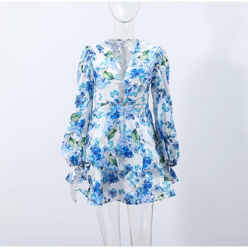 Elegant Floral Backless Party Mini Dress – Lace-Up Ruffle A-line Sling Dress for Women