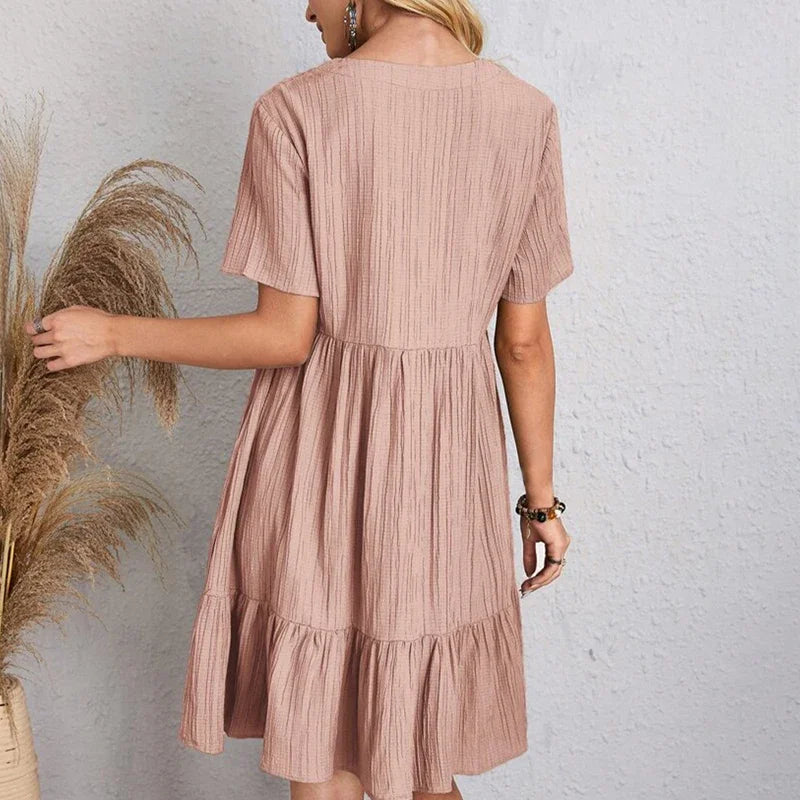 2025 Loose V-neck Pleated Bohemian Dress – Summer A-line Beach Dress for Women