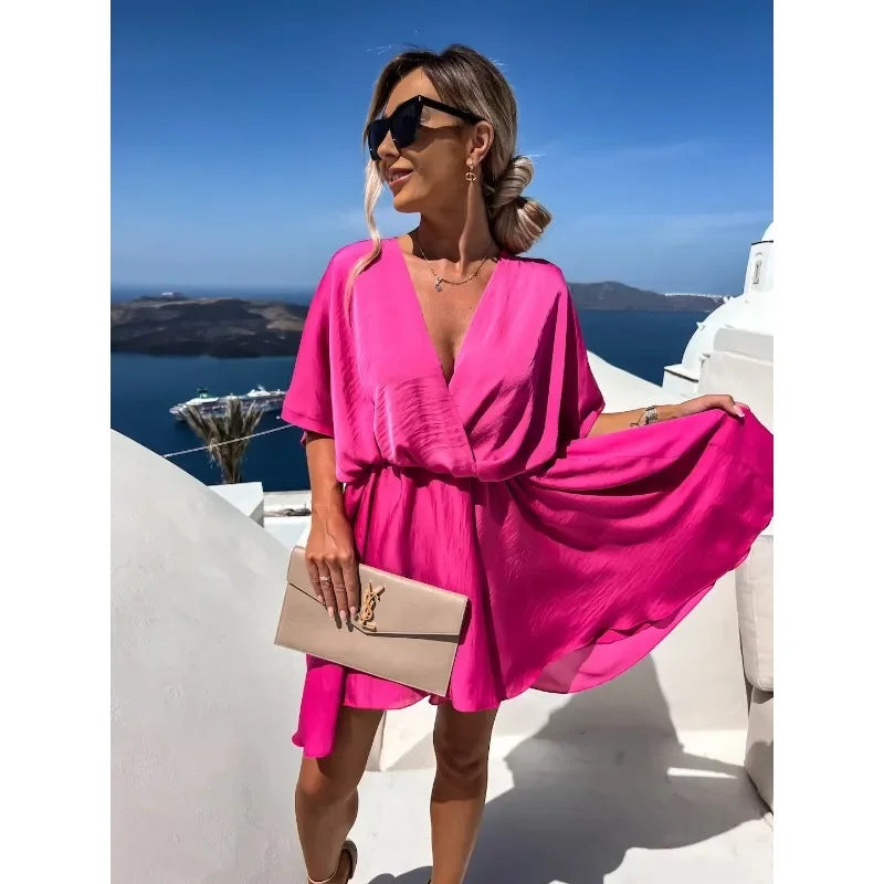 Elegant V-Neck Satin Commuter Dress – Short Sleeve, Knee-Length Summer Look