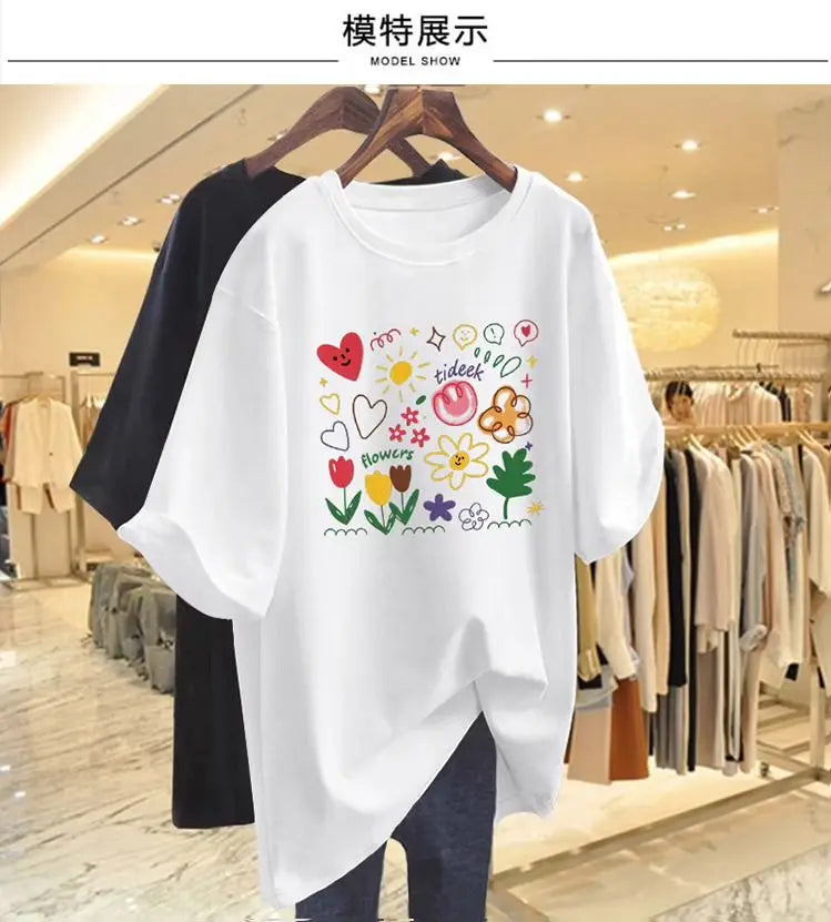Women’s Chic Hand-Painted Floral T-Shirt – Casual Summer Cotton Tee