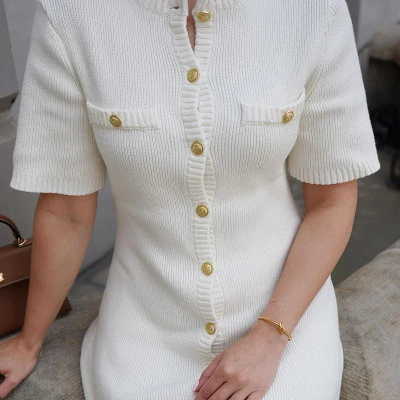 White Ribbed Knit Mini Dress – Slim Fit, Metal Buttons, Short Sleeve | MODIVA