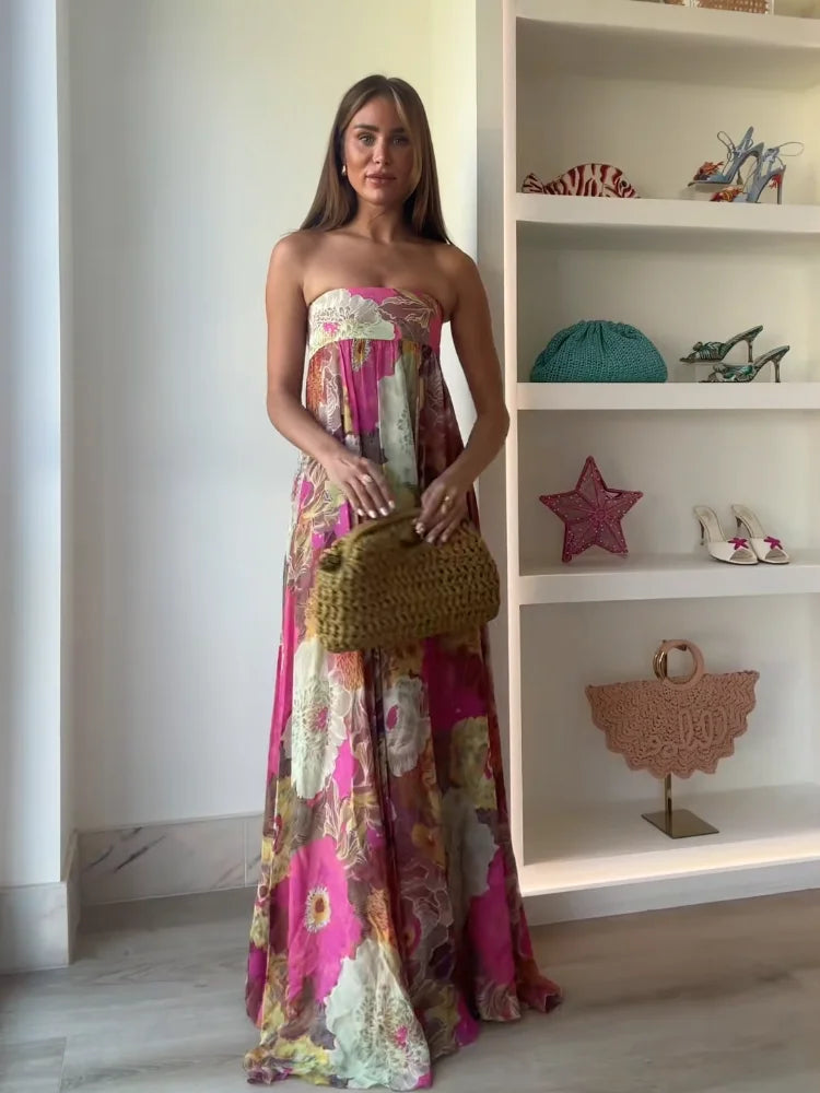 Bassonmy Retro Print Strapless Maxi Dress – Off Shoulder Sleeveless Summer Dress