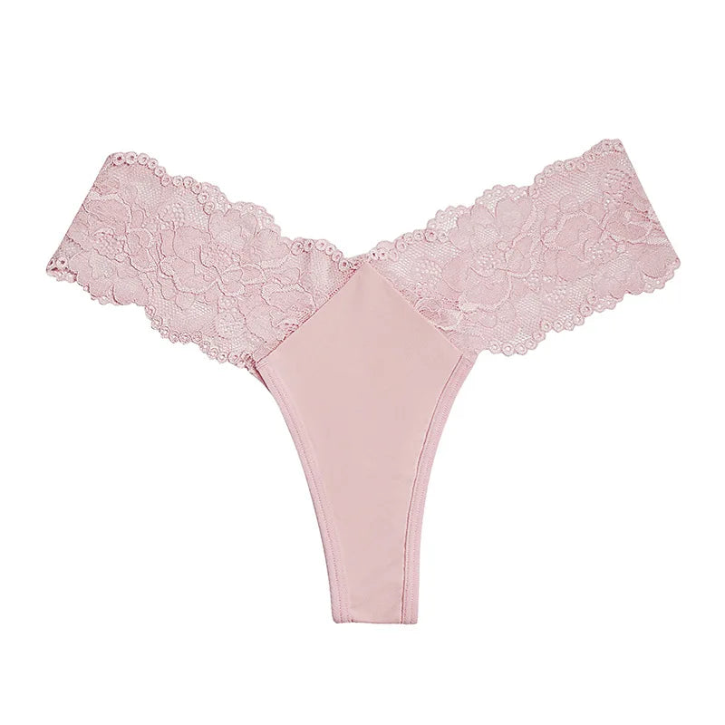 Sheer Lace Mid-Rise Women's Thong Panties - Nylon Knit Underwear, Lingerie Intimates for Ladies | Comfortable Hollow Design