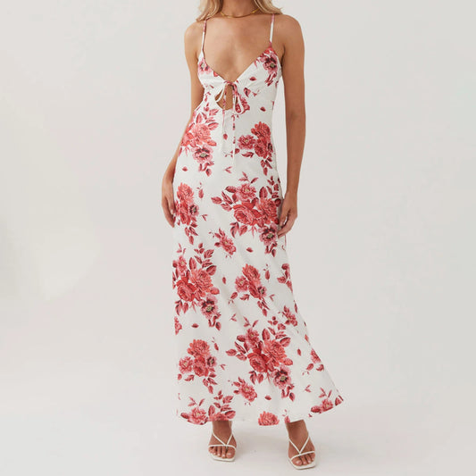 Summer Floral Backless Spaghetti Strap Maxi Dress – Elegant Tie-Up Sleeveless Beach Dress