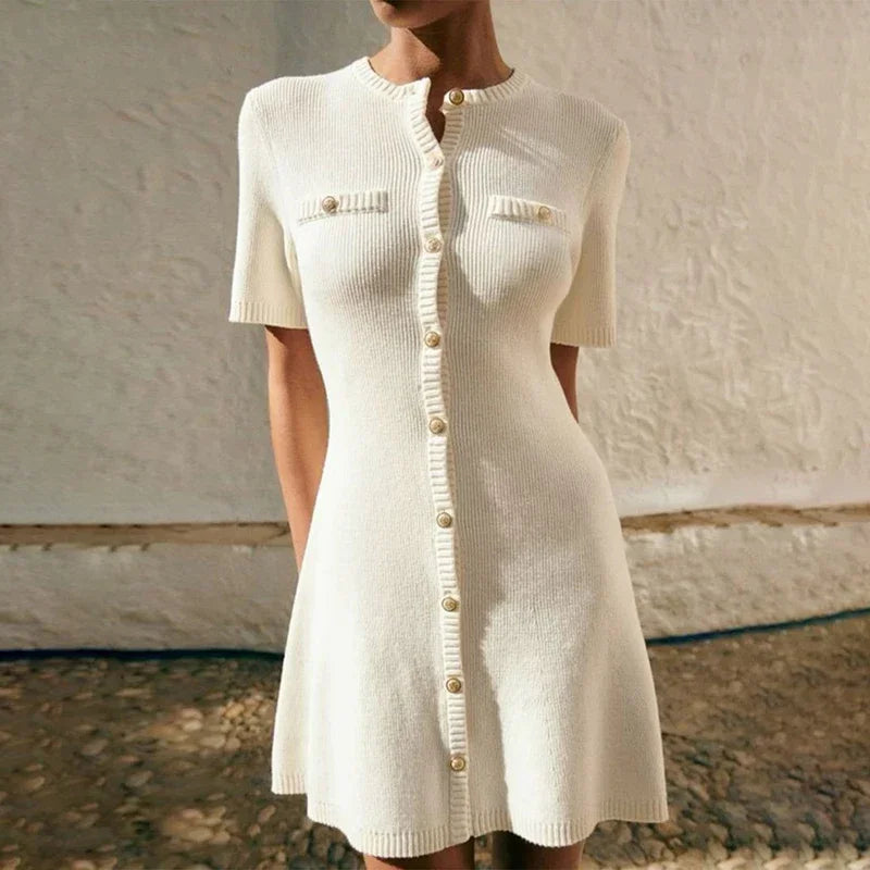 White Ribbed Knit Mini Dress – Slim Fit, Metal Buttons, Short Sleeve | MODIVA
