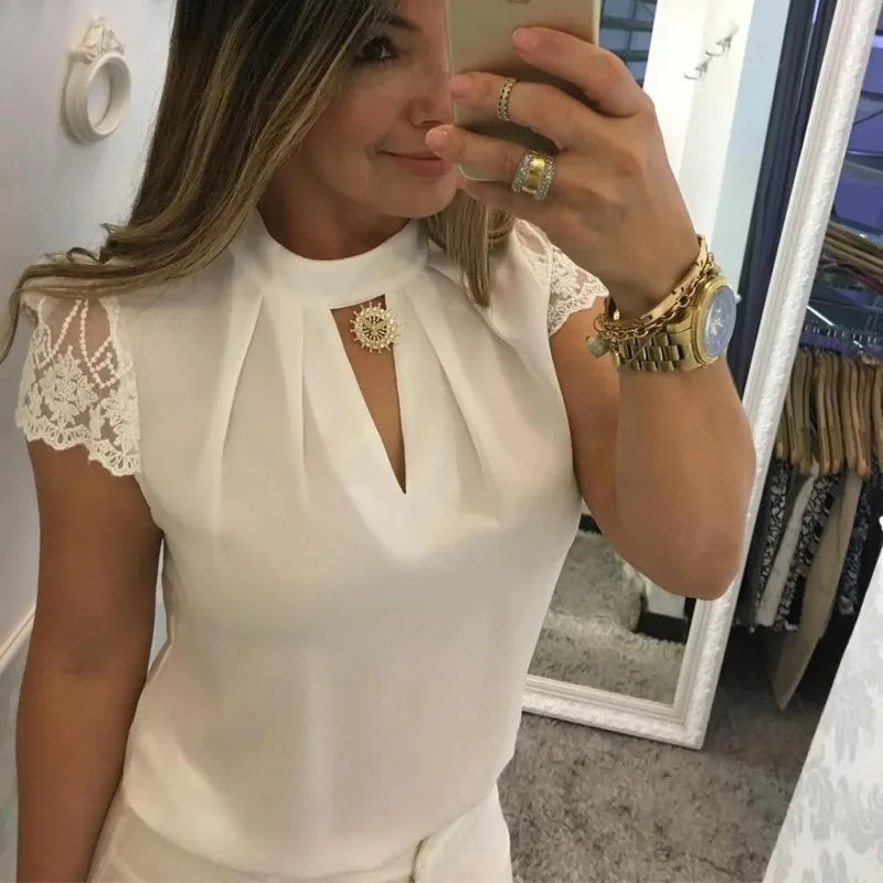 Elegant Lace V-Neck Blouse – Short Sleeve Summer Shirt for Women