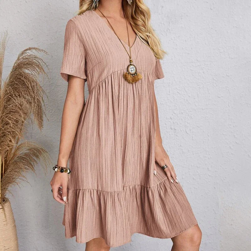 2025 Loose V-neck Pleated Bohemian Dress – Summer A-line Beach Dress for Women
