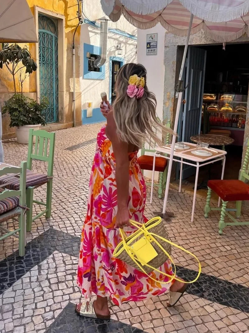 Holiday Vintage Beach Dress – Printed Tie-Up Waist Slim Dress for Women, Backless Sleeveless Summer Fashion