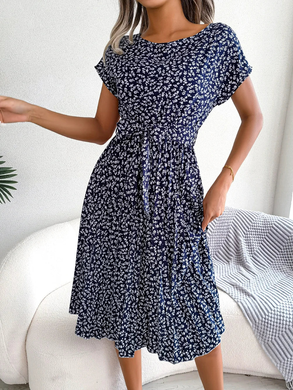Floral Pleated Chic Summer Dress – High Waist, Short Sleeve, A-Line Knee-Length Dress for Women