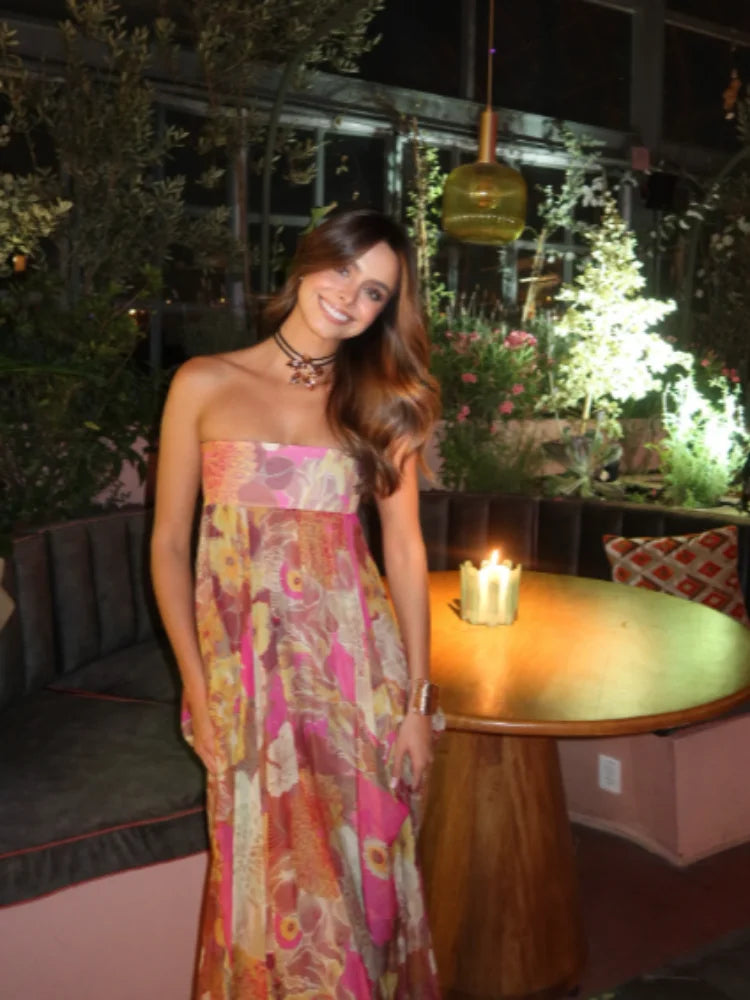 Bassonmy Retro Print Strapless Maxi Dress – Off Shoulder Sleeveless Summer Dress