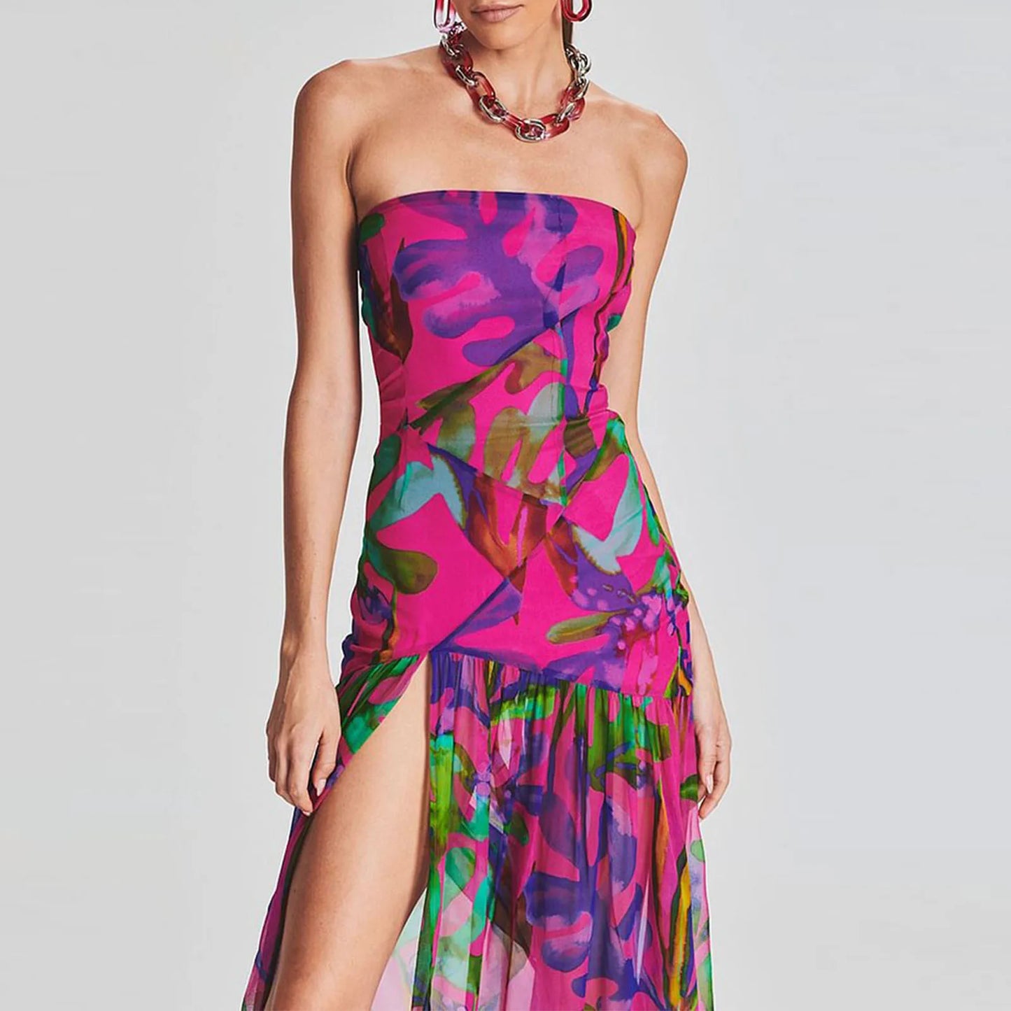 Women’s Bohemian Sleeveless Maxi Dress – Floral Print Mesh Summer Bodycon Split Dress