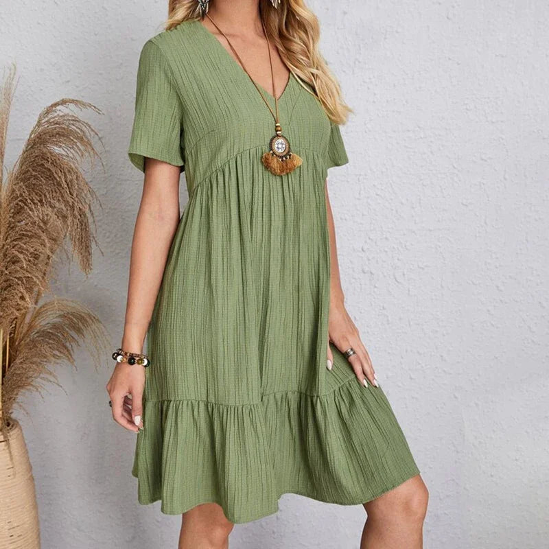 2025 Loose V-neck Pleated Bohemian Dress – Summer A-line Beach Dress for Women