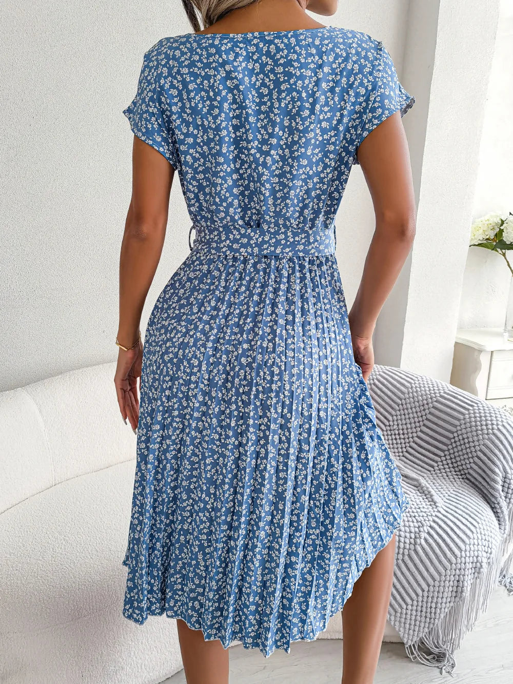 Floral Pleated Chic Summer Dress – High Waist, Short Sleeve, A-Line Knee-Length Dress for Women