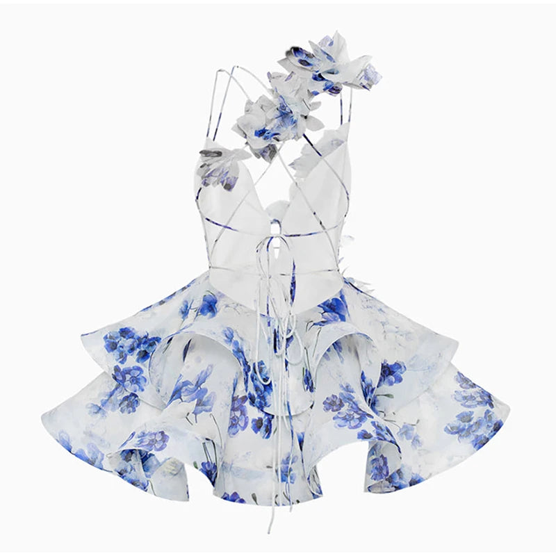 Elegant Floral Backless Party Mini Dress – Lace-Up Ruffle A-line Sling Dress for Women