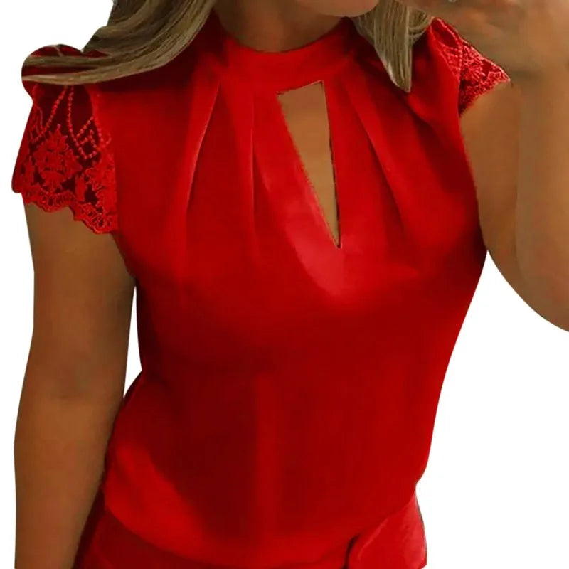 Elegant Lace V-Neck Blouse – Short Sleeve Summer Shirt for Women