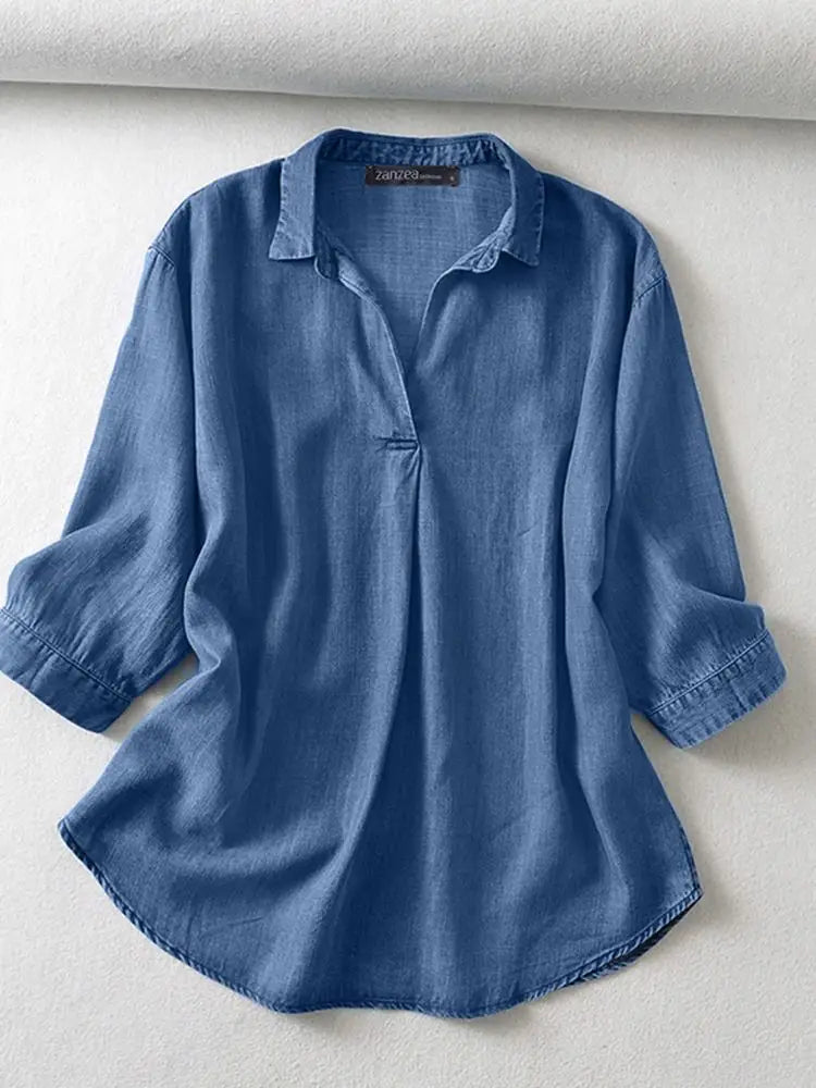ZANZEA Women’s 3/4 Sleeve Denim Blouse – Casual Summer Button Shirt