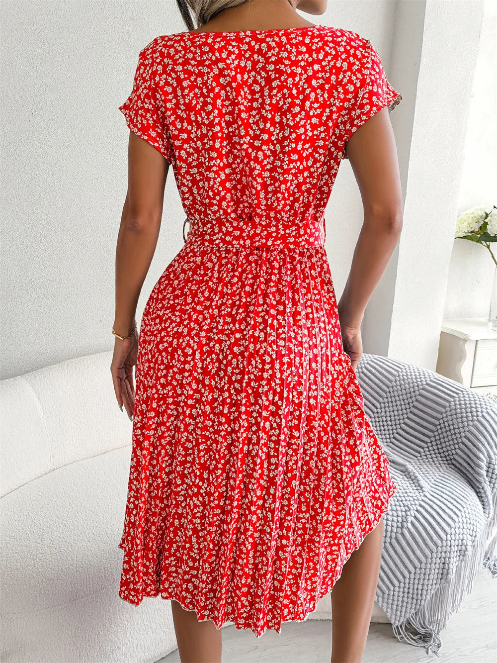 Floral Pleated Chic Summer Dress – High Waist, Short Sleeve, A-Line Knee-Length Dress for Women