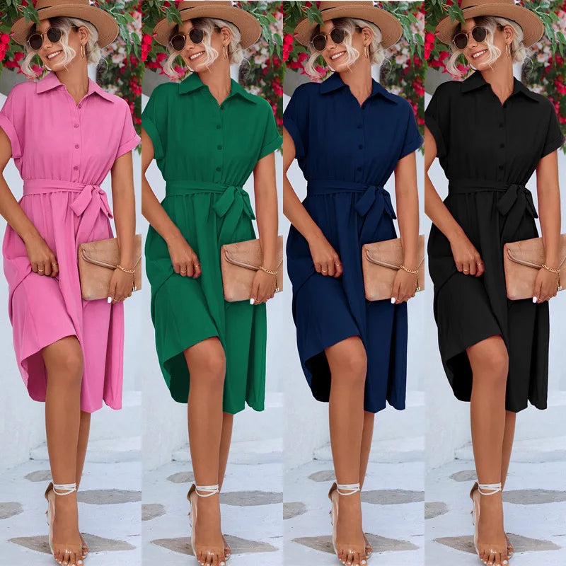 Summer Waist-Tie Long Shirt Dress – Elegant Streetwear for Women