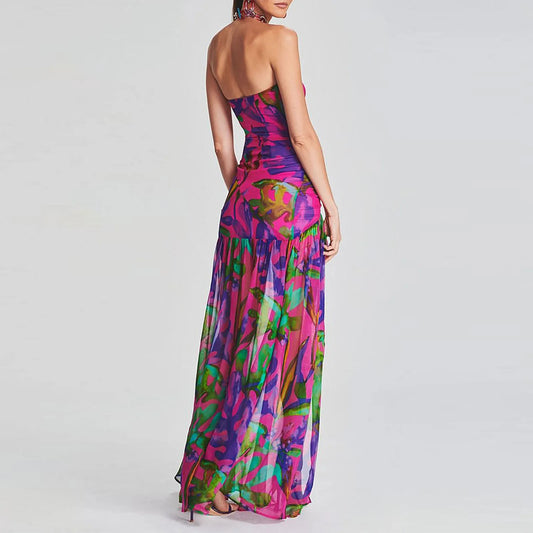 Women’s Bohemian Sleeveless Maxi Dress – Floral Print Mesh Summer Bodycon Split Dress