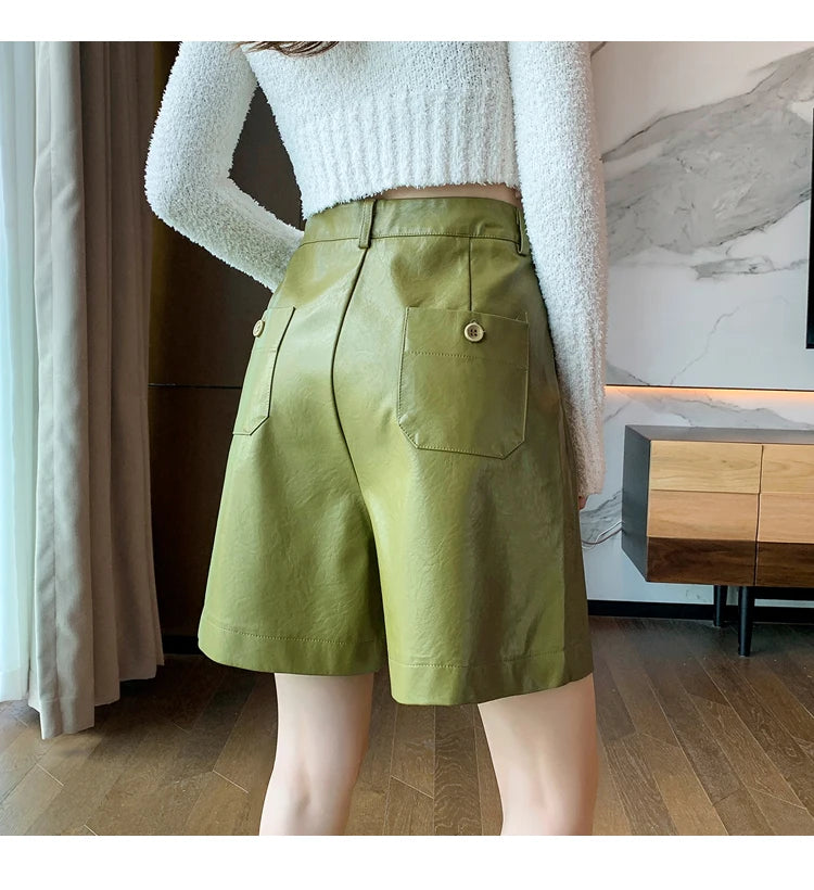 Autumn Winter PU Leather Women's High Waist Shorts with Buttons – Korean Elegant Casual Loose Fit
