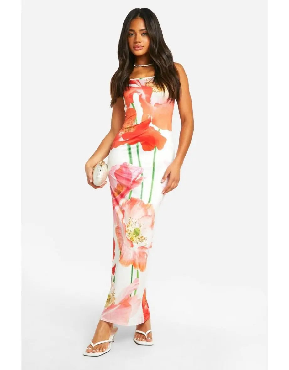 Women’s Y2K Fairy Floral Maxi Slip Dress – Summer Spaghetti Strap Slim Fit