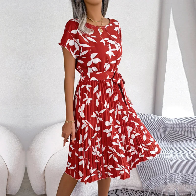 Floral Pleated Chic Summer Dress – High Waist, Short Sleeve, A-Line Knee-Length Dress for Women