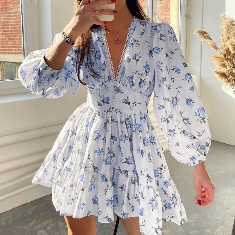 Floral Print V-Neck Mini Dress – Long Sleeve, High Waist A-Line | MODIVA