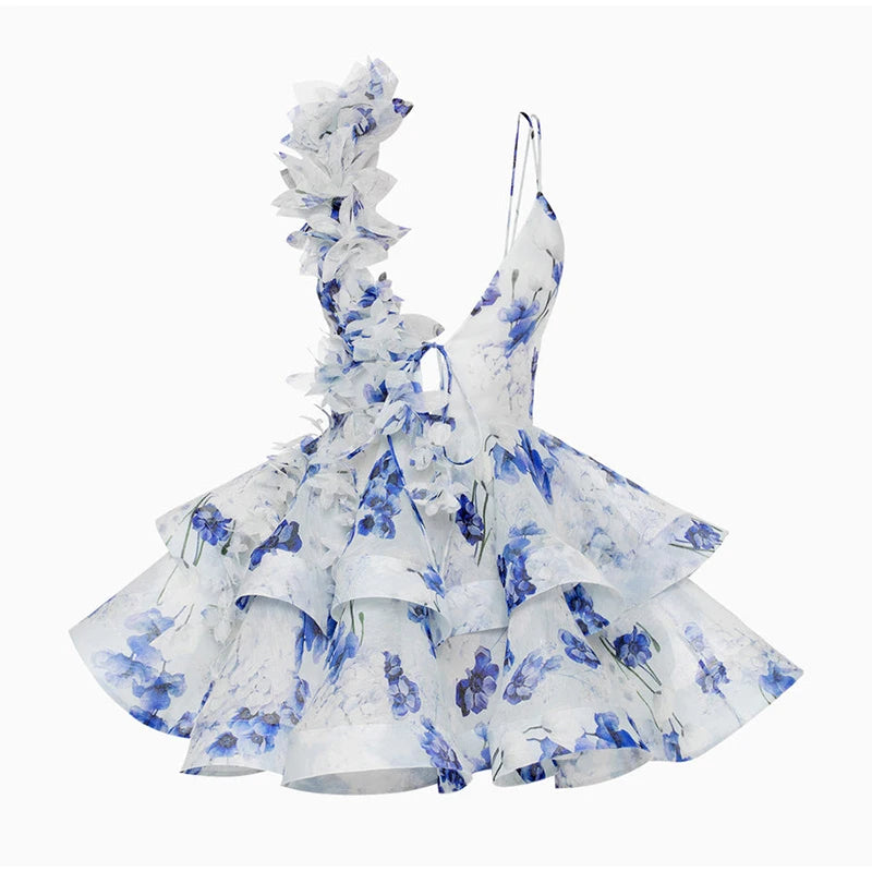 Elegant Floral Backless Party Mini Dress – Lace-Up Ruffle A-line Sling Dress for Women