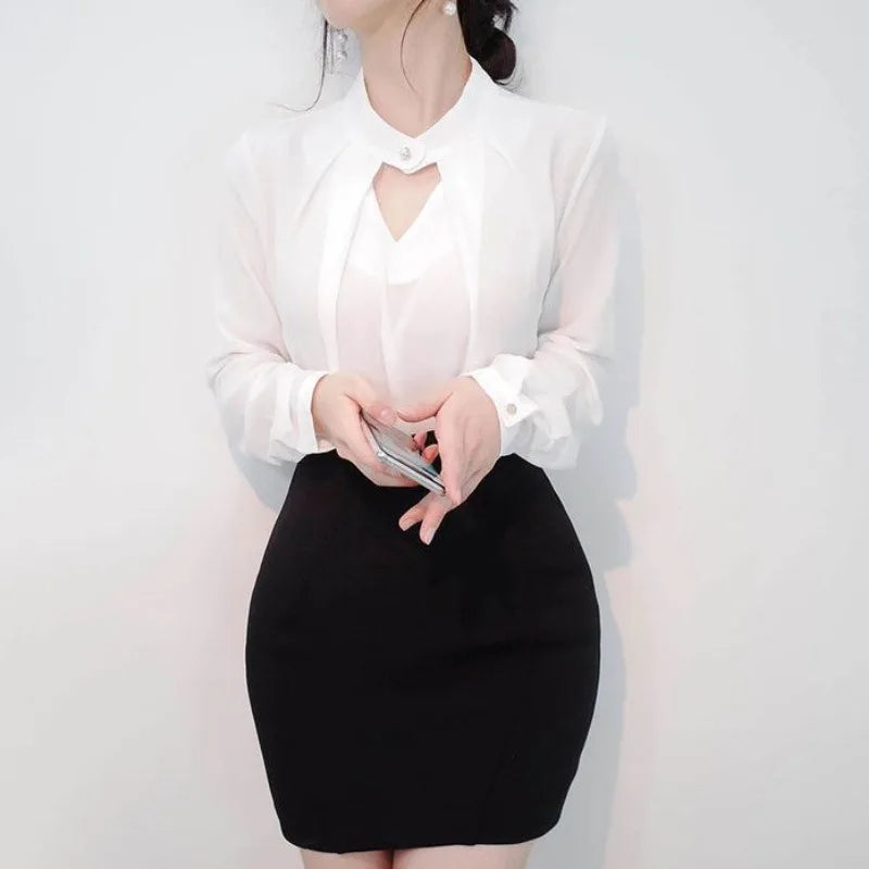 Women’s Slim Chiffon Blouse – Long Sleeve High Collar Office Shirt