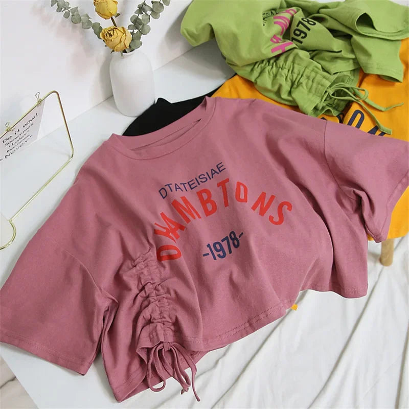 Fashionable Printed Drawstring Short Sleeve Crop Top – Women's Casual Summer T-Shirt
