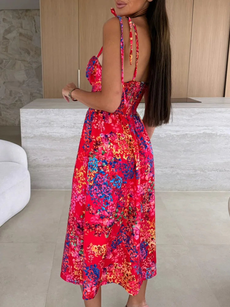 New Fashion Sexy Printing Sling Dress for Women Summer Evening Party Dresses Club Floral Holiday Beach Dress Robe