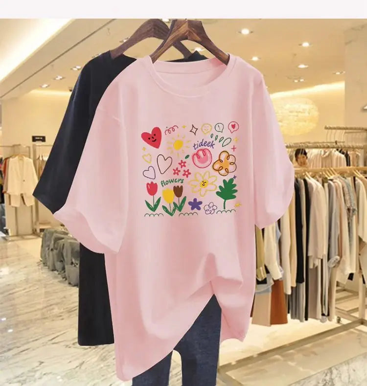 Women’s Chic Hand-Painted Floral T-Shirt – Casual Summer Cotton Tee