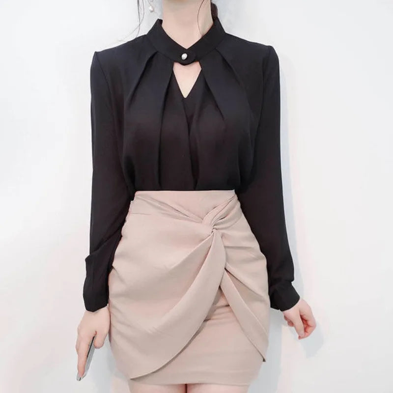 Women’s Slim Chiffon Blouse – Long Sleeve High Collar Office Shirt