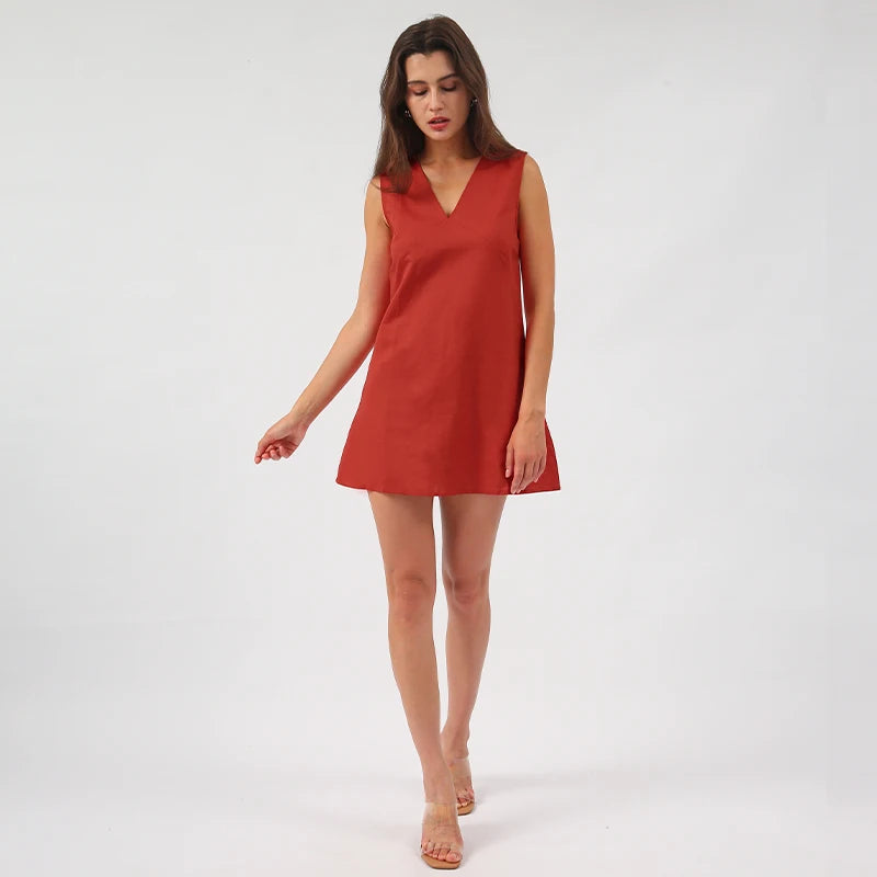 Linen V-Neck Summer Dress – Knee-Length, Beach Style | Sean Tsing