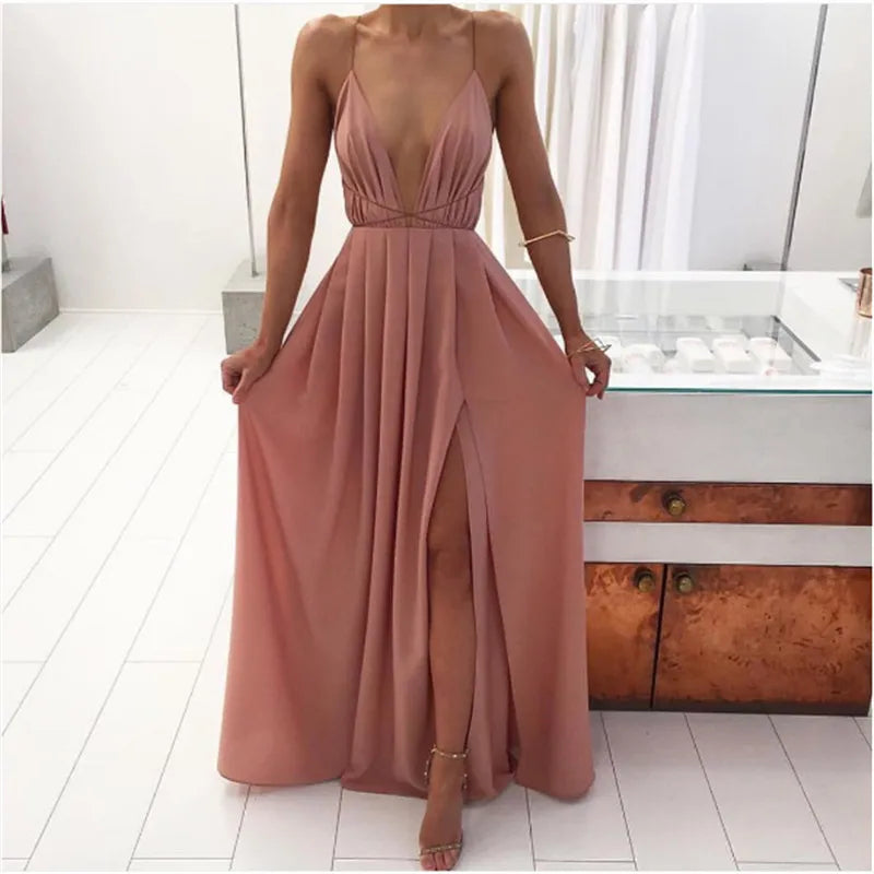 Sexy Women Boho Maxi Club Red Dress – Elegant Deep V-Neck Bandage Infinity Gown