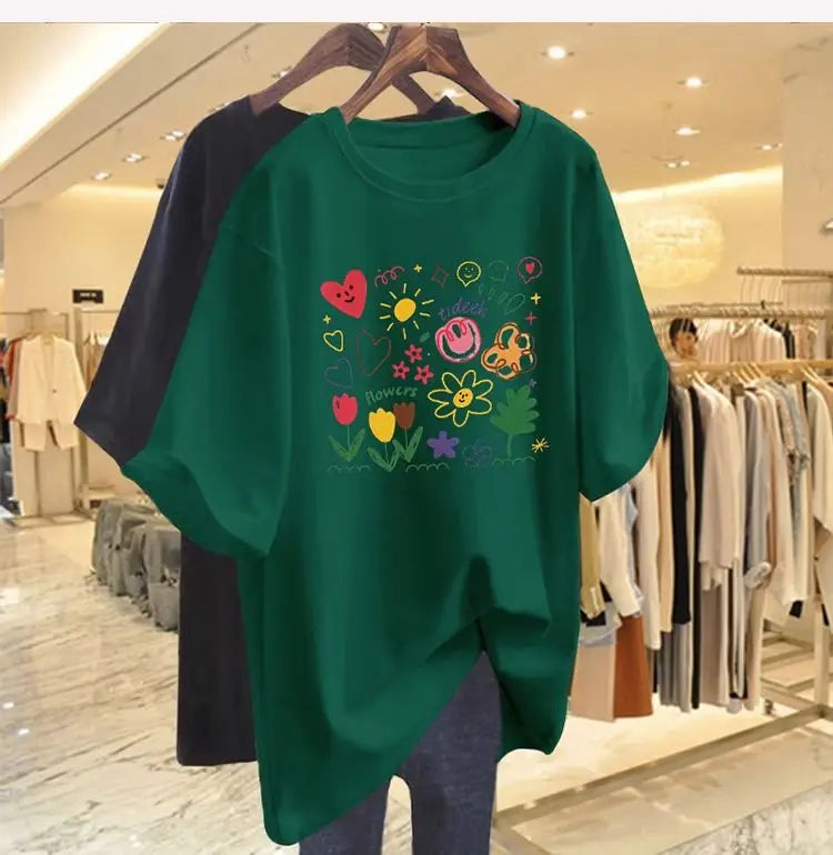 Women’s Chic Hand-Painted Floral T-Shirt – Casual Summer Cotton Tee