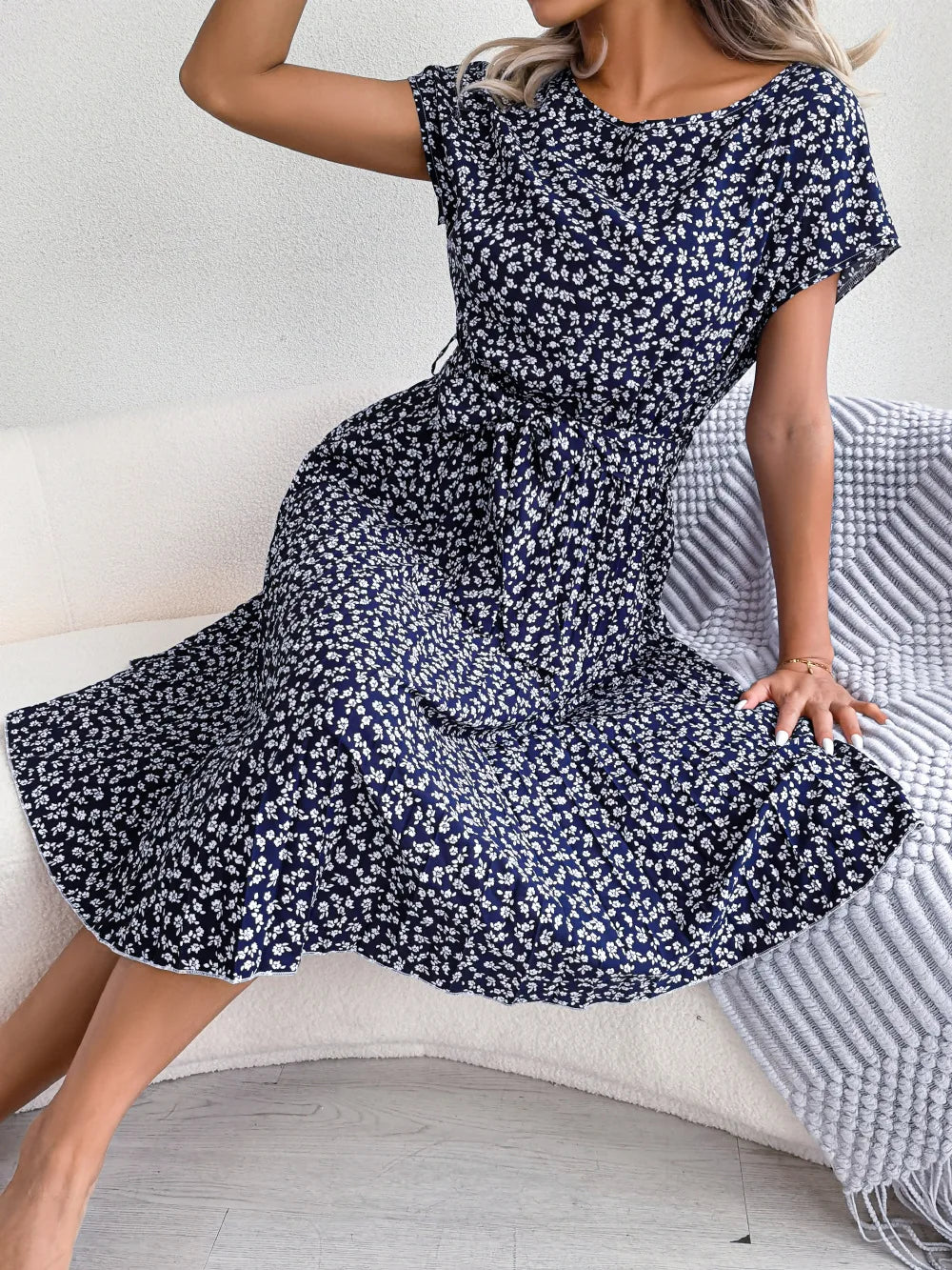 Floral Pleated Chic Summer Dress – High Waist, Short Sleeve, A-Line Knee-Length Dress for Women