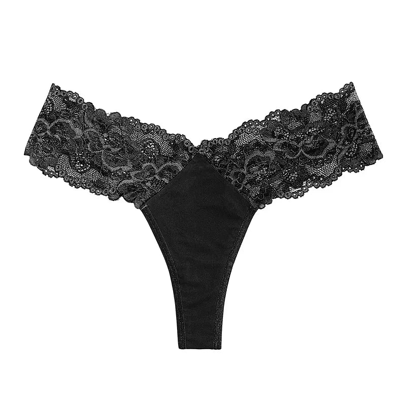 Sheer Lace Mid-Rise Women's Thong Panties - Nylon Knit Underwear, Lingerie Intimates for Ladies | Comfortable Hollow Design
