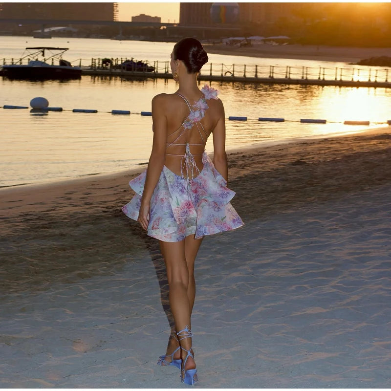 Elegant Floral Backless Party Mini Dress – Lace-Up Ruffle A-line Sling Dress for Women