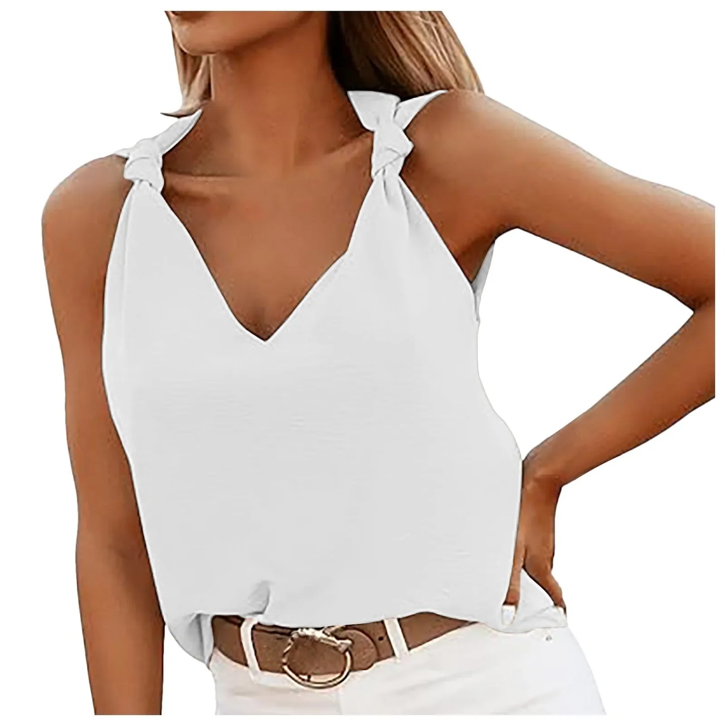 Women's Sleeveless V-Neck Knotted Tie Blouse – Casual Summer Top