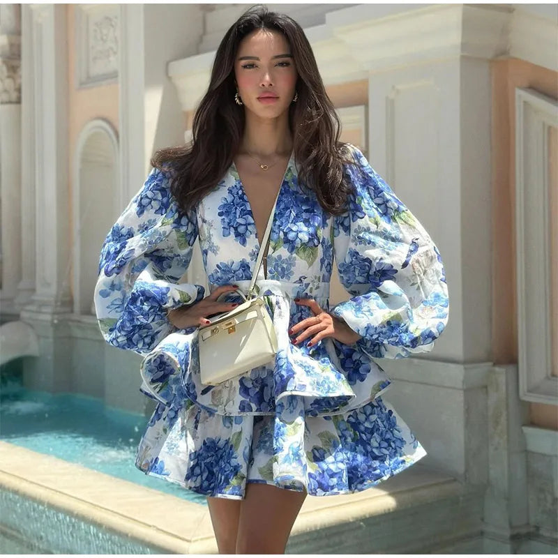 Elegant Floral Backless Party Mini Dress – Lace-Up Ruffle A-line Sling Dress for Women