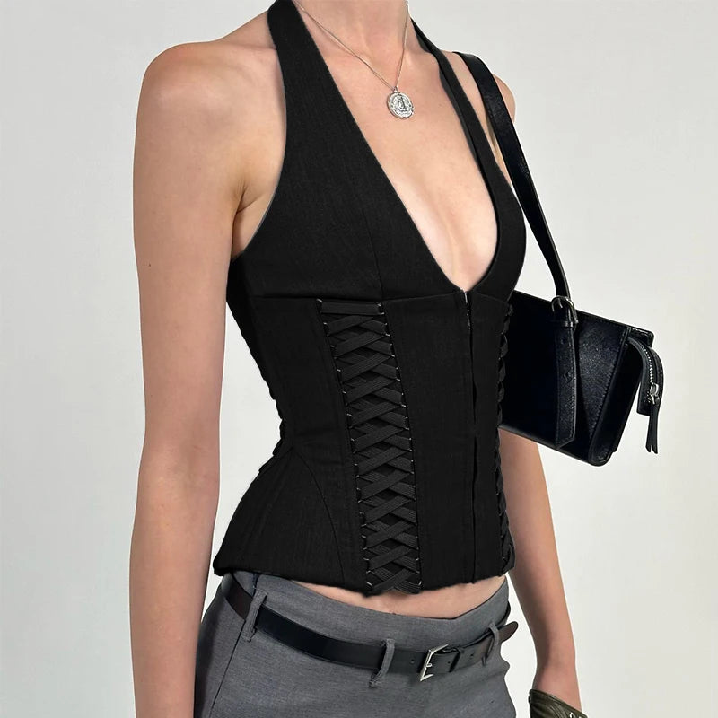 WhereMery Cross Tie Zipper Slim Vest – Sexy Off Shoulder Backless Top for Women