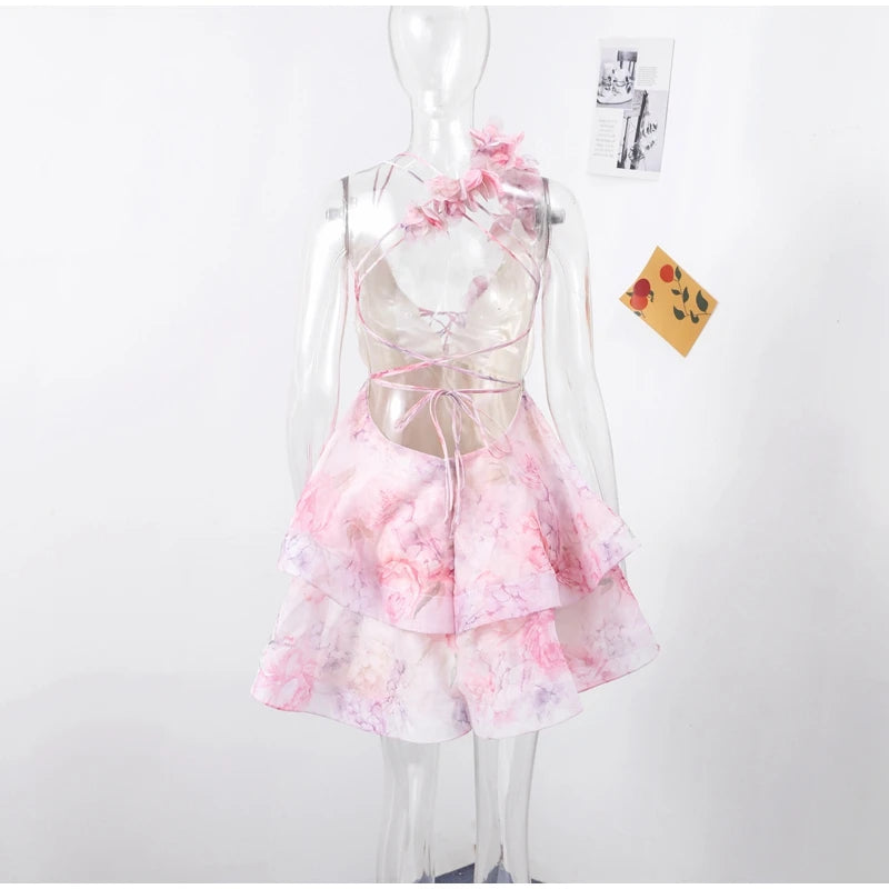 Elegant Floral Backless Party Mini Dress – Lace-Up Ruffle A-line Sling Dress for Women